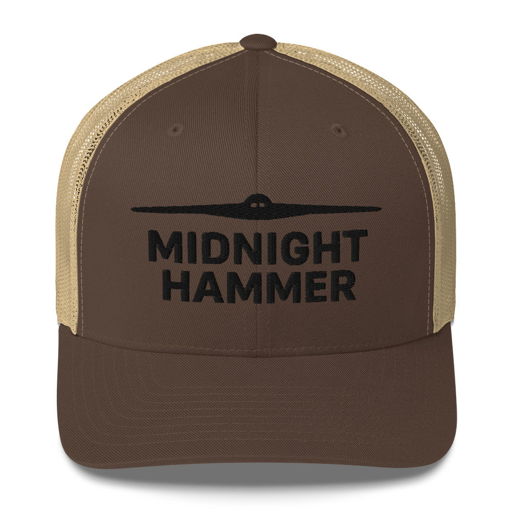 Midnight Hammer Trucker Hat featuring B-2 bomber silhouette and bold lettering.