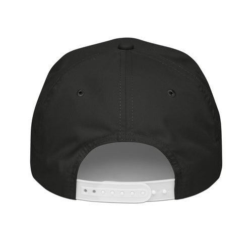 Black cap with adjustable white strap, part of the Midnight Walleye Rope Cap collection.