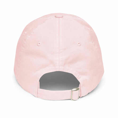 Soft pink Lake Vibes Cap with navy embroidered logo and wave-circle design.
