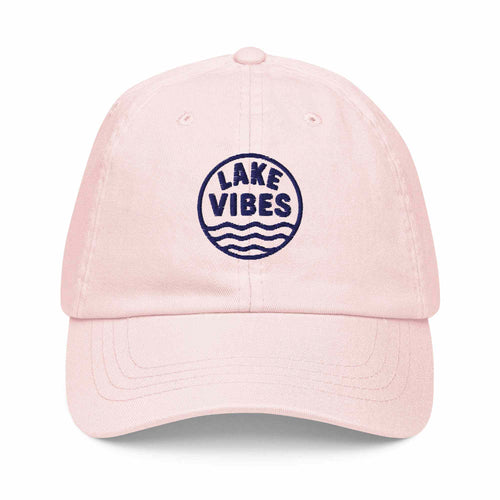 Soft pink Lake Vibes cap with navy embroidered logo.