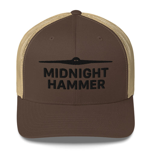 Midnight Hammer Trucker Hat featuring B-2 bomber silhouette and bold lettering.