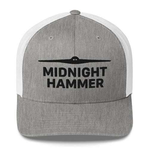Midnight Hammer Trucker Hat with B-2 bomber silhouette and bold lettering.