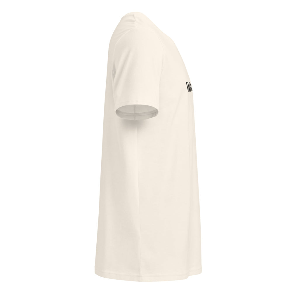 Sand-colored Classic Wanderbrim T-shirt with black logo on front, side view.